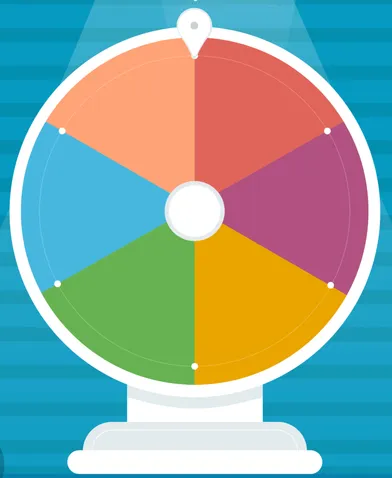 A multi-coloured game wheel with different sections.